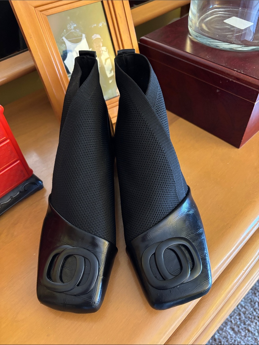 Black Stretch Sock Ankle Boots with Decorative Toe Detail